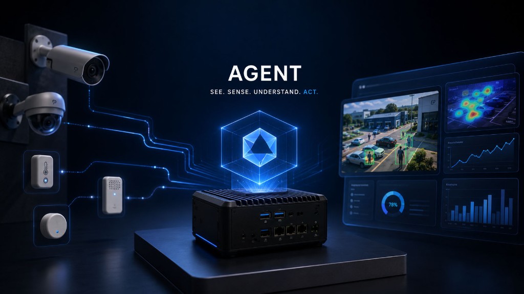 The Performance Hub Agent appliance on site, linked to cameras and sensors on one side and live dashboards on the other