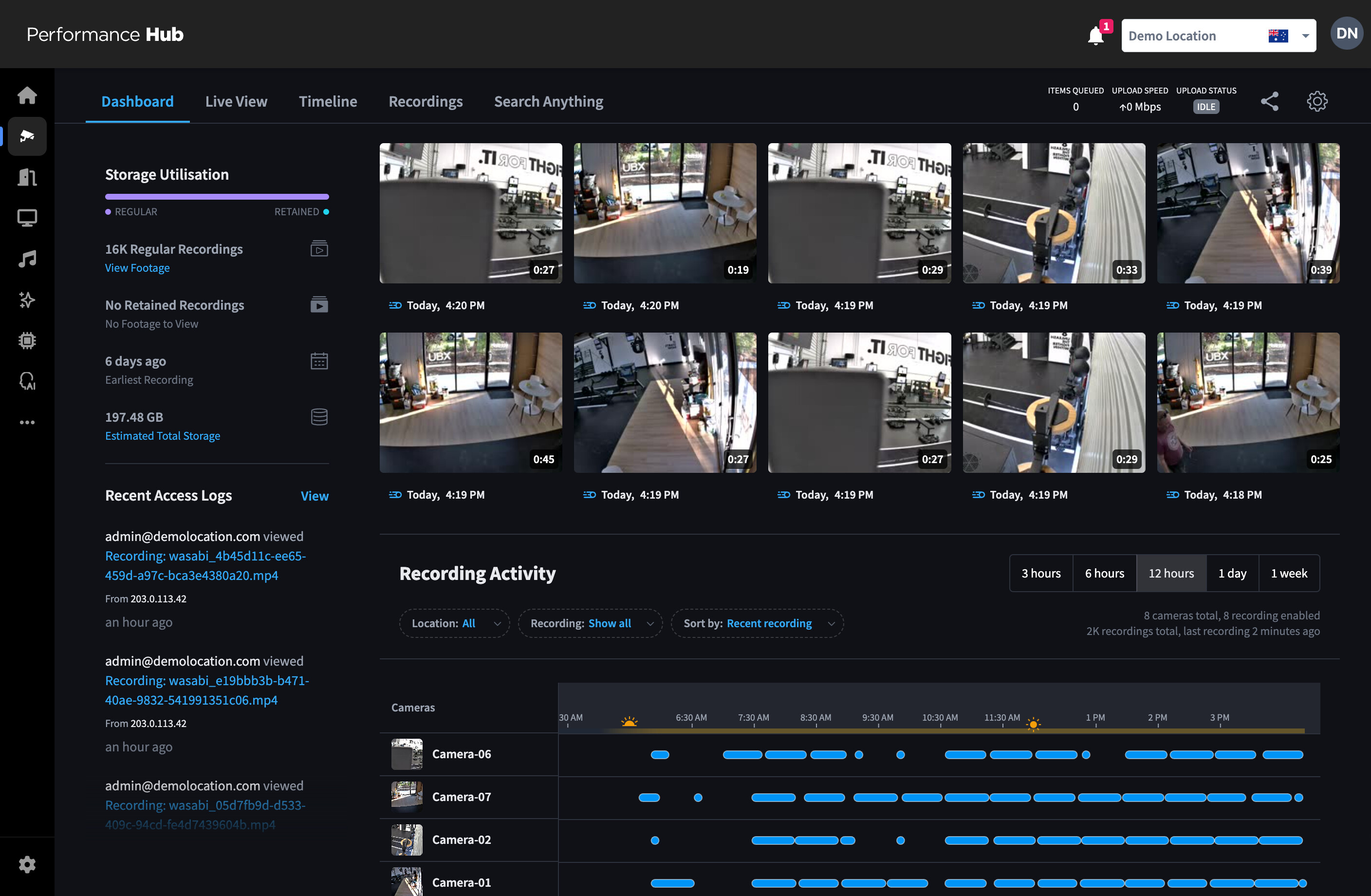 Performance Hub CCTV dashboard with camera grid, storage utilisation, and access logs