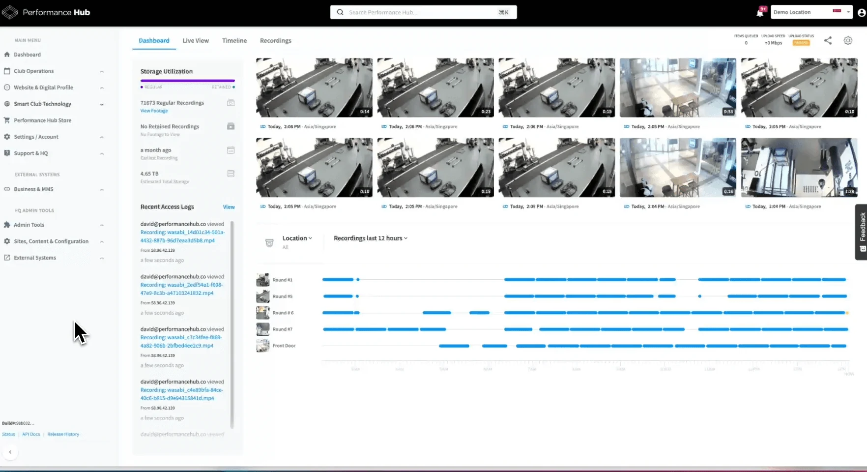 Performance Hub CCTV dashboard with camera grid, storage utilisation, and access logs