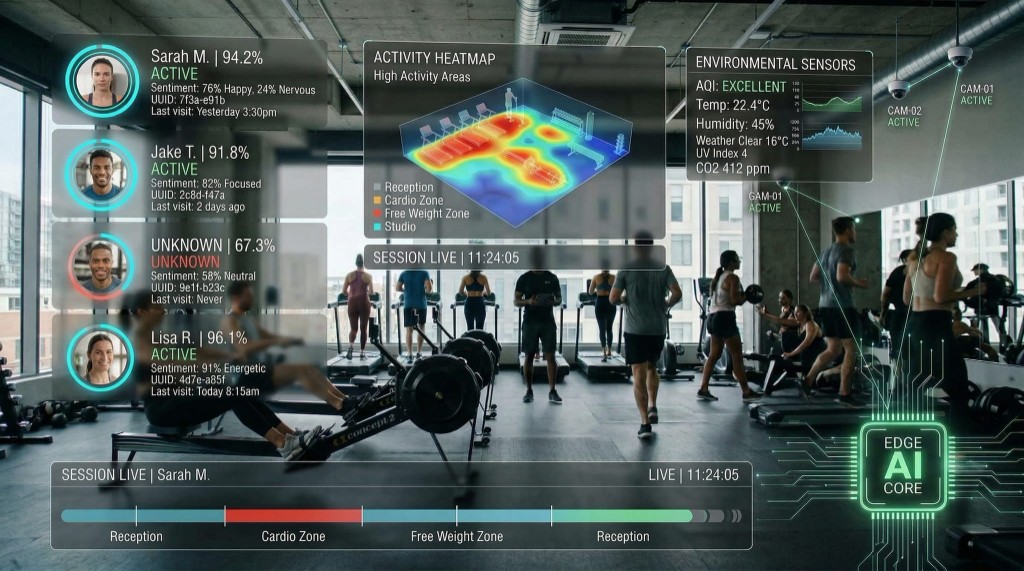 Performance Hub live operations dashboard showing real-time member sentiment, activity heatmap, environmental sensors, and connected cameras across a gym floor
